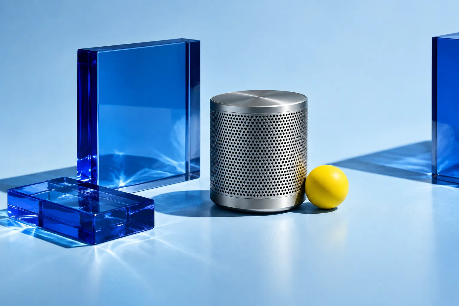 AI 生成廣告情境圖：無品牌金屬音箱、藍色玻璃與黃色球體，非客戶作品